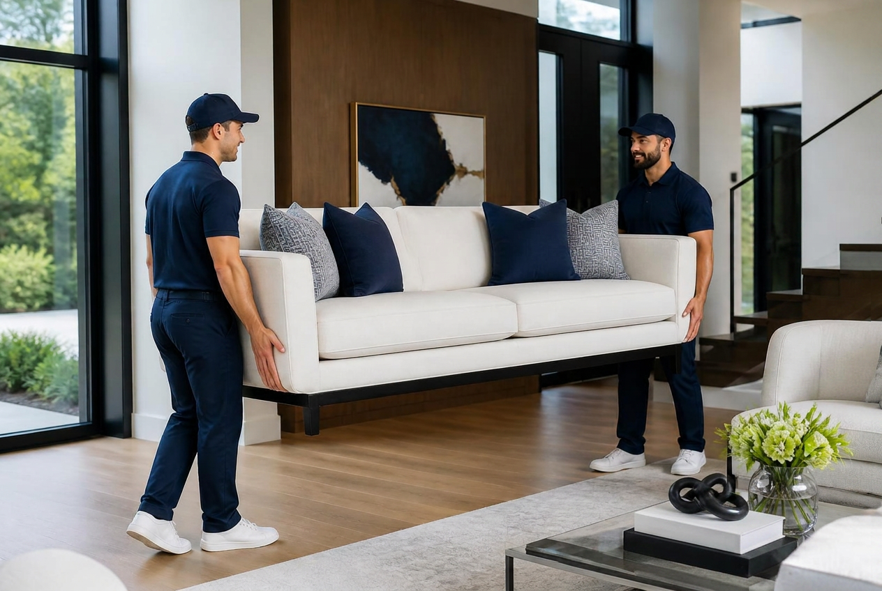Divine Delivery Service movers carrying a designer sofa into a Washington DC home