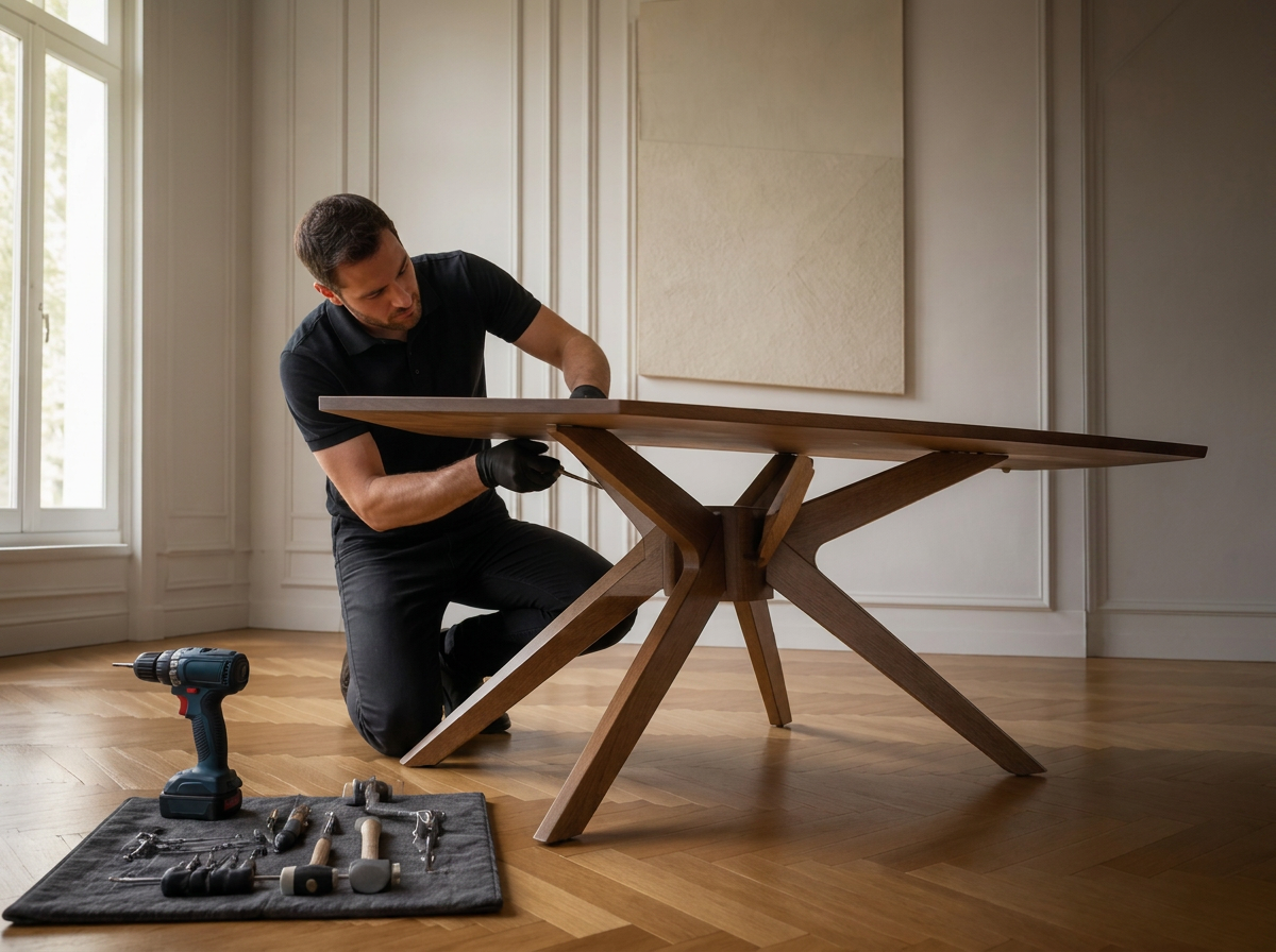Technician assembling a designer wooden dining table