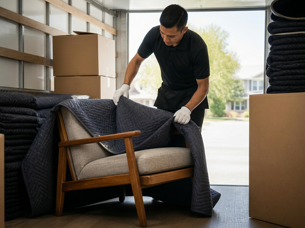 Mover wearing white gloves blanket-wrapping a designer armchair